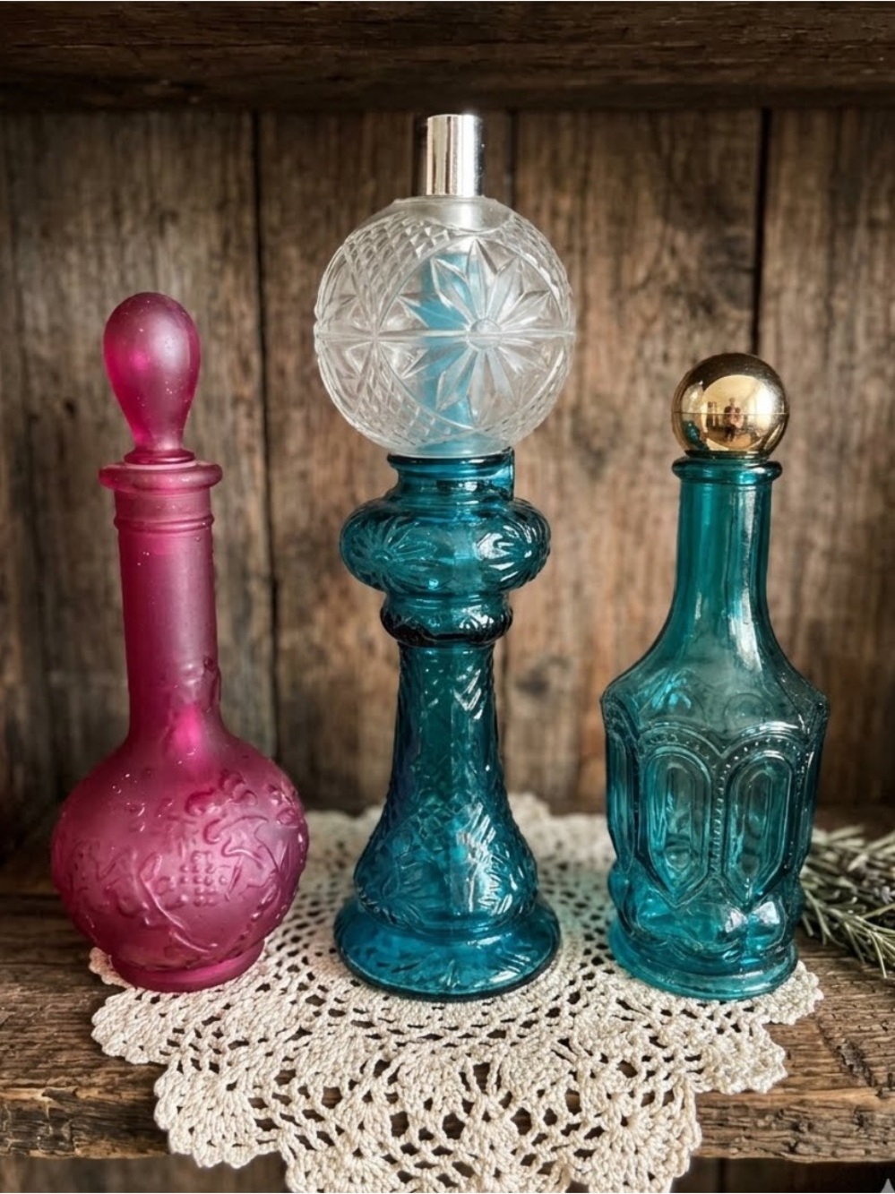 AVON Decorative Glass Bottle Trio in Purple and Blue
